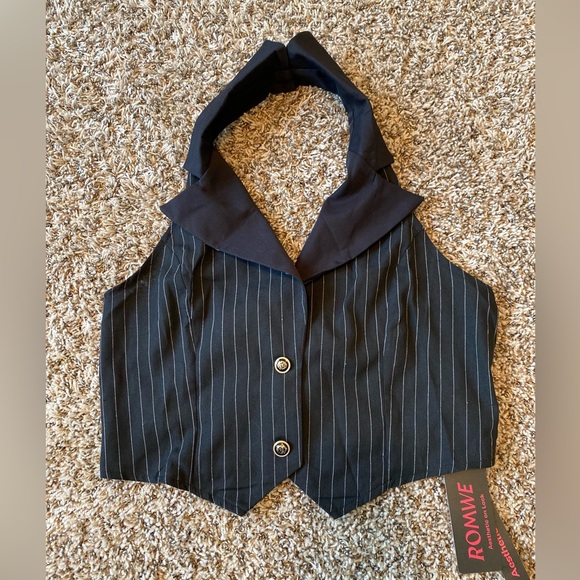 Romwe black goth striped print halter vest new L - Picture 6 of 7